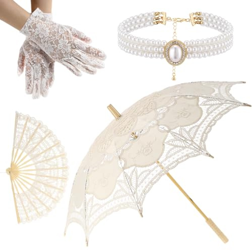 Locmeo 4 Pcs 32'' White Lace Parasol Umbrella Set Fan Gloves Necklace