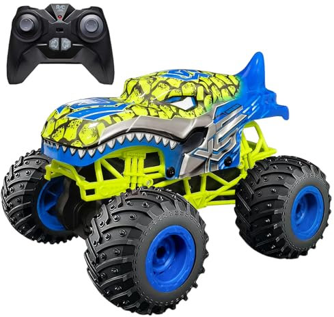 M MUNCASO Remote Control Car, Monster Trucks in 1:18 Music and Lighting, All-Terrain Capabilities with Terrain Action Tires, Full Function RC, 360 Degree Rotating Waterproof RC Stunt Car (Yellow)