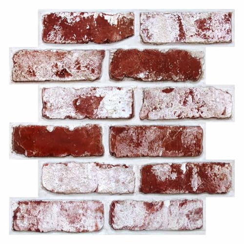 COMSTICKC Panneaux Muraux 3D Adhesif Brique, Rouge et blanc délavés, 10 Pièces, 30x30 cm, PVC Auto-Adhésif Panneaux Muraux 3D Pierre Décoration Pour Cuisine, Salle de Bains, Balcon