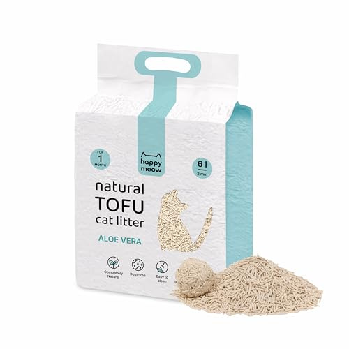 HAPPY MEOW Tofu-Katzenstreu (6L / 2,5Kg) - Natürlich und biologisch abbaubar - Sofort kluppend, staubarm, langanhaltende Geruchskontrolle, ultra absorbierend, abflussgeeignet (Aloe Vera)