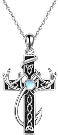 HUKKUN Cross Necklace Sterling Silver Deer Antler Fish Hook Pendant Necklace Cross Hunting Jewelry For Women