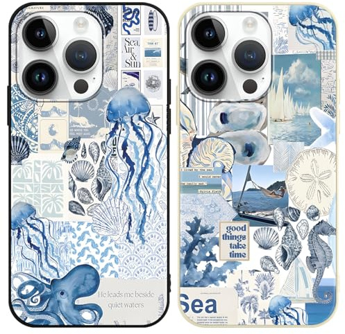 Vxinvnoi 2 Stück Handyhülle für iPhone 13 Pro Hülle, Collage Motiv Aesthetic Meer Bunt Sommer Muster Mädchen Case, Weich Silikon TPU Bumper Stoßfeste Kratzfest Schutzhülle für iPhone 13 Pro 6,1, Blau