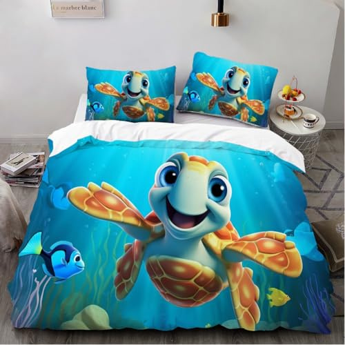 ZHDEDSP Schildkröten Bettwäsche-Set, 135x200 cm Bettbezug mit 80x80 cm Kissenbezug, 3D-Druck Meerestiere Design, Mikrofaser, Reißverschluss