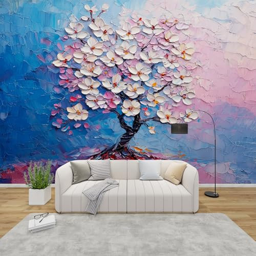 PaxGloz Fototapete Kirschblütenbaum 3D Effekt Tapete Ölgemälde Stil Rosa Und Blau Tapeten Vliestapete Modern Wandtapete Wohnzimmer Schlafzimmer Wanddeko Motivtapeten 250 x 175 cm (B x H)
