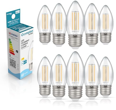 Crompton Lamps Filament Candle LED Light Bulb ES-E27 | 4.2W = 40W Equivalent | Warm White 2700K | Energy Efficient | Edison Screw Lightbulb | Long Life 10,000-Hrs | Clear Glass | Dimmable | 10-Pack