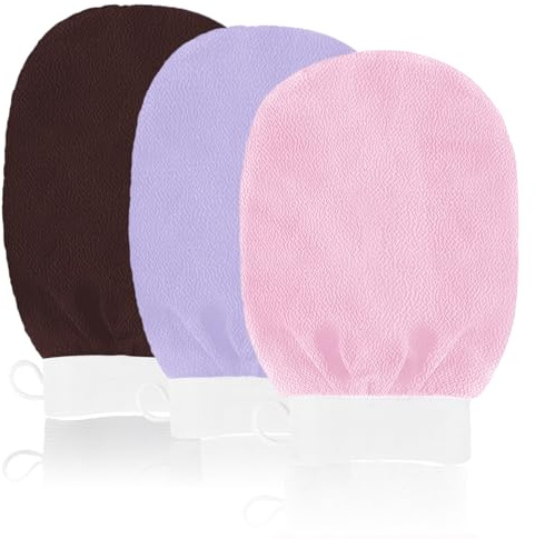 URAQT Peelinghandschuh, 3 Stück Exfoliating Gloves, Peelinghandschuh Körper, Hamam handschuh für Dusche, Bad, Körperpeeling, abgestorbene Hautentferner, Hautpflege (Lila + Rosa + Dunkelbraun)