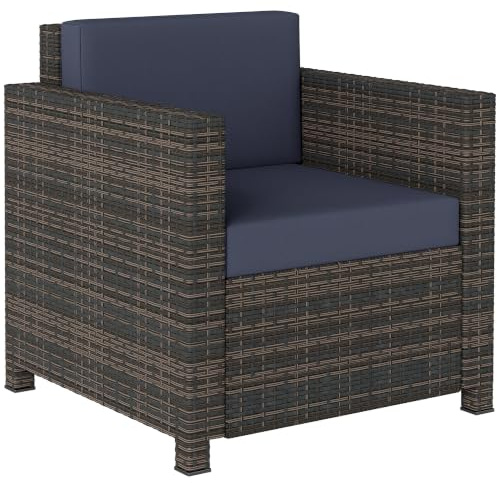 Outsunny Single Seater Rattan Chair 10 cm Cushion Mixed Brown/Navy Blue | PE Wicker Garden Armchair, All-Weather Rattan Garden Chair, Armrests