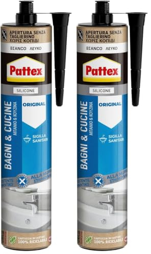 PATTEX Bagni&Cucine Original Silicone Bianco, Silicone Cucina e Bagno Resistente alla Muffa, Sigillante Impermeabile e Multimateriale, 1 Cartuccia da 280 ml (Confezione da 2)