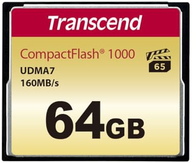 Transcend Carte mémoire CompactFlash 1000 64GB, jusqu'à 160/120 MB/s modèle pour vidéo Full HD ultra haute résolution, 3D et 4K UHDTV - TS64GCF1000