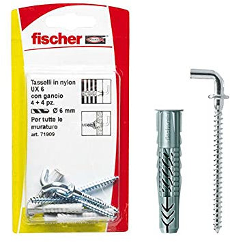 FISCHER - Tasselli universale con gancio, Confezione da 4 pz, Misure: 4 tasselli UX 8 x 50,4 viti Ø 5 x 55 con gancio