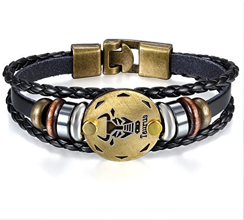 JewelryWe Schmuck Herren Damen Stier Armband, 12 Tierkreis Sternzeichen Horoskop Charms Druckknopf Armreif, Leder Legierung, schwarz
