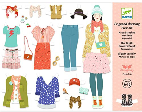 DJECO Paper Doll Le grand dressing - Jeu de Mode Créatif - 6 à 10ans - Coffret pour Jouer au Styliste - Plus de 100 Vêtements et Accessoires - 3 Poupées Mannequins, Boîte de Rangement, Carton Durable