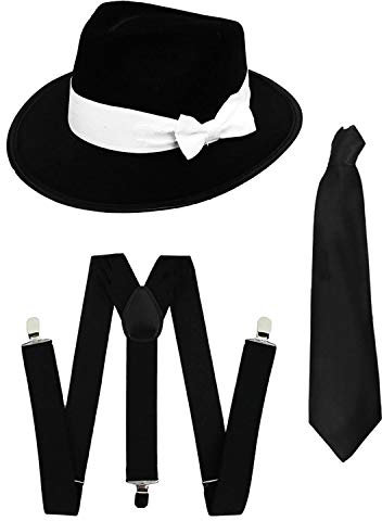 DELUXE 1920S GANGSTER FANCY DRESS SET - TRILBY HAT + BLACK SUSPENDER BRACES + BLACK TIE (Black Hat) by RS FASHIONS