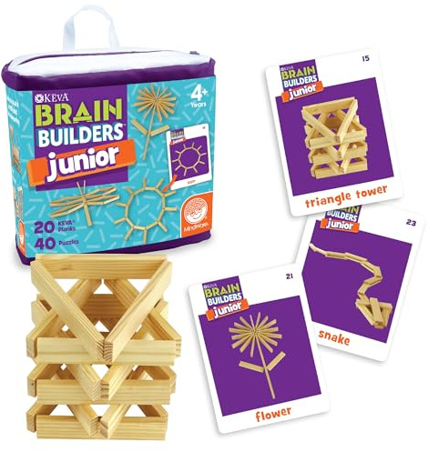 MindWare KEVA Junior Brain Builders Playset, 3D Puzzle Travel Game, 40 Wooden Building Block Challenges