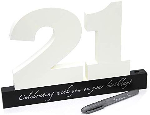 Carousel Home and Gifts Birthday signature plaque, signature numbers 21 birthday keepsake ~ White wooden number blocks with pen included, happy 21st birthday plaque, guest book sign