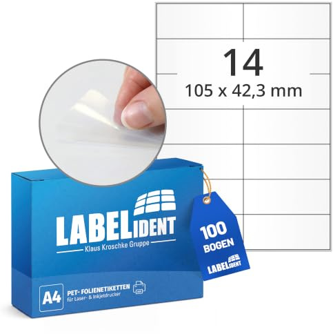 Labelident Wetterfeste Folienetiketten auf A4 Bogen, transparent - 105 x 42,3 mm - 1.400 Polyester Etiketten auf 100 Bogen, selbstklebende PET Aufkleber, matt
