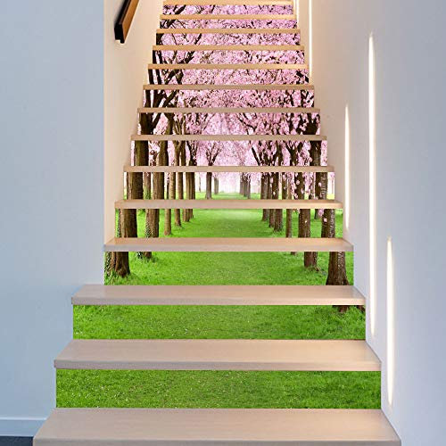 FLFK 3D Ciliegio fiore Autoadesiva Le scale Alzate Murale Vinile decalcomania Adesivi casa arredamento 39,3 pollici x7,08 pollici x 13 pezzi