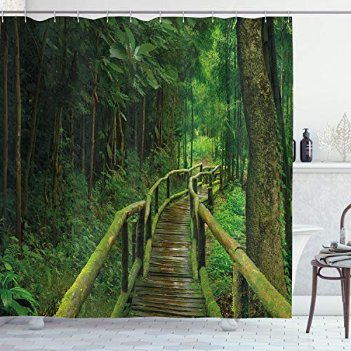 ABAKUHAUS Dschungel Duschvorhang, Regenwald in Thailand, Stoffliches Gewebe Badezimmerdekorationsset mit Haken, 175 x 220 cm, Grün Braun