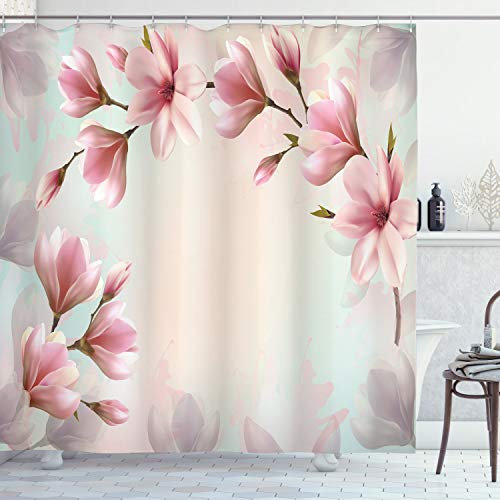 ABAKUHAUS Magnolia Rideau de Douche, Effet Double Exposition, Tissu Ensemble de Décor de Salle de Bain avec Crochets, 175 cm x 200 cm, Sombre Corail et Rose pâle