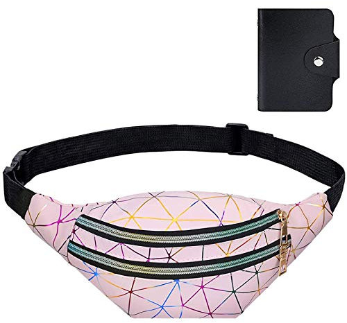 flintronic® Sac Banane, Sacoche Banane Ville Unisexe à Effet Holographique, Sac Etanche Multi-Poches Mode Imperméable Cuir PU pour Femme Homme Sport Voyage Randonnée Camping Loisir- Rose
