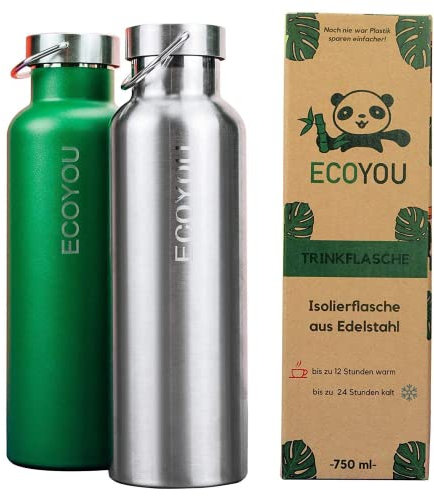 EcoYou Trinkflasche Edelstahl 750 ml Grün doppelwandig für Heiß- und Kaltgetränke, Wasserflasche Isolierflasche Thermoflasche, Sport - und Outdoor Flasche