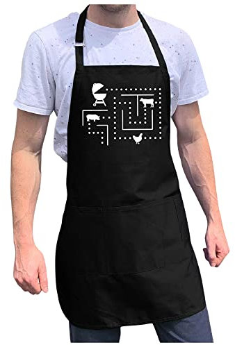 ApronMen BBQ Videospiel Schürze BBQ-Küchen-Schürze aus 100% Baumwolle mit 4 Utility-Taschen, justierbares Ansatz und Langer Taille Krawatten Schwarz Eine Grösse passt Allen