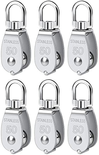 Single Pulley Block, Lsqurel 304 Stainless Steel Crane Pulley Block Pulley Wheel Pulleys for Lifting, Ladder Lift, Gym Equipment, Shop Lift (M50 6Pack)
