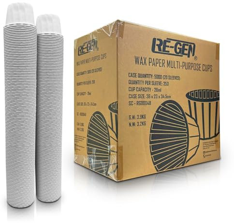 5000 Pack (Full Case) RE-GEN - Wax Paper Medicine Pot 28ml | Fluid Resistant to Allow Use with Liquids | Ideal for Medication Distribution in Care Homes and Nursing Homes as Well as Personal Use