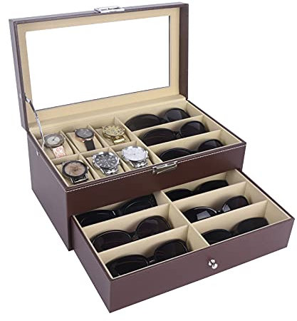 AUTOARK Boîte à bijoux en cuir pour 6 montres et 9 pièces de rangement pour lunettes de soleil avec tiroir verrouillable,Marron,AW-130