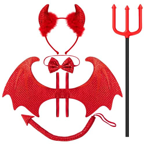 Spooktacular Creations 5 teiliges Halloween-Teufelskostüm-Set mit roten Teufelsflügeln, Teufelsheugabel, Fliege, Pailletten-Teufelshorn-Stirnband und Teufelsschwanz-Dämonenkostümzubehör