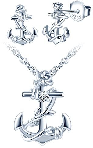 INFINIONLY Halskette Ketten und Ohrringe für Damen und Mädchen, 925 Silber Anker Schmuck-Sets, Anker Halskette anhänger, Anker ohrringe ohrstecker, Anker verflochten mit Rosen, zirkon, Silber