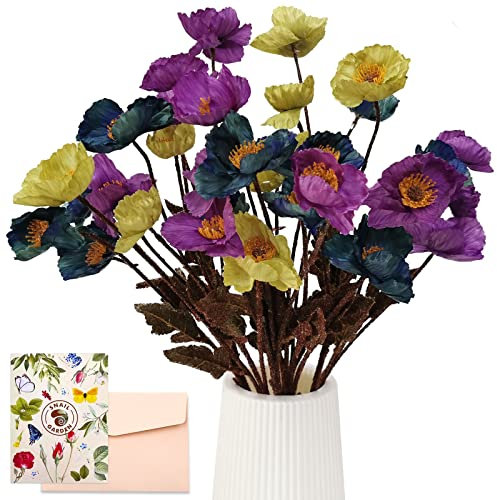 SNAIL GARDEN 32 Köpfe Künstliche Mohnblumen, 56cm Langer Stiel Mohnblumen Künstlich Gefälschte Mohnblume Lila Herbstgrün & Blau mit Grußkarte & Papiertüte, Künstliche Blumen für Haus Geschenk Dekor