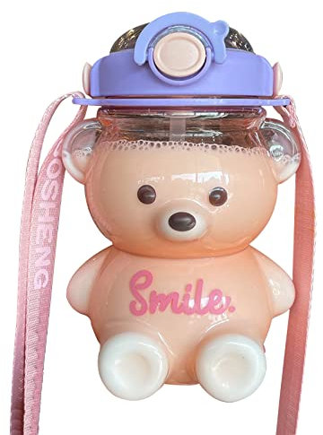 BEE&FLOWER Kawaii - Botella de agua con pajita (1000 ml, sin BPA), diseño de oso, color morado