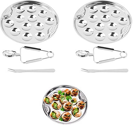 2 juegos Placa de caracol de cocina platos de caracol 19 cm plateado inoxidable Con 12 Agujeros Con Alicates y Tenedor Reutilizable Para Cocina Restaurante Occidental Plato De Mariscos hoteles