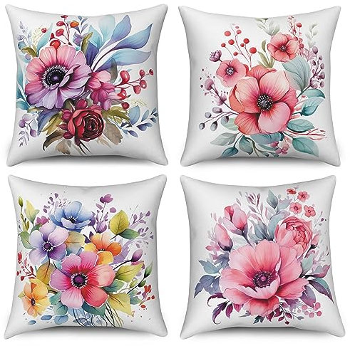 ASDCXZ Blume Kissenbezug 40x40 cm 4er Set, Handgemalt Bunt Blume Grün Blätter Sofa Dekokissen Kissenbezüge Kissenhülle Waschbar Polyester Flachs Textil Outdoor Polster Kopfkissenbezug Kissen Bezug