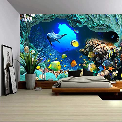 Fototapete 3D Effekt Unterwasser Delfin Fisch Tapeten 3D Effekt Vliestapete Wohnzimmer Schlafzimmer Wandbilder Wanddeko