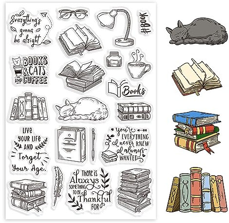 GLOBLELAND Transparente Stempel Mit Bücherregal Hintergrund, Buchkatze, Dekorative Transparente Stempel, Silikonstempel Für Kartenherstellung Und Fotoalbum Dekoration Und DIY Scrapbooking