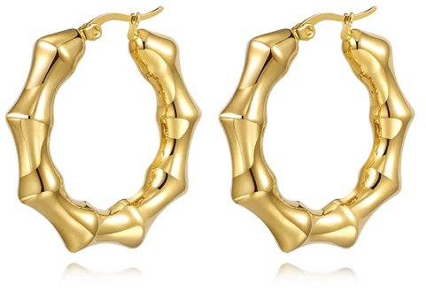 Joo&Rind 18k Ohrringe Gold Creolen, Bambus Tropfen Ohrringe, Dicke Creolen für Frauen, Hypoallergen Edelstahl Ohrringe Damen, Schmuck für Damen, Geschenke für Frauen
