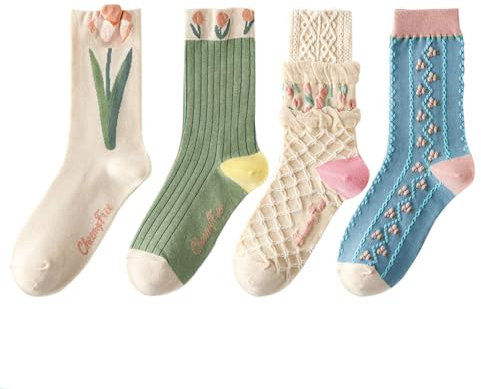 HAOXYO 4 Paar Socken Damen,Vintage Bestickten Blumen Baumwollsocken,Pop Bunte Socken Rüschen Damen One Size