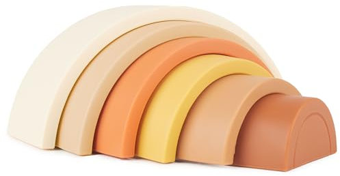 Bieco Silikon Motorikspielzeug Baby Regenbogen Chocolate Bliss | Regenbogen Bausteine Holz in Pastel Farben | Holz Regenbogen Puzzle | Bogen Steckspiel | Bunter Regenbogen | Motorikspielzeug ab 1 Jahr