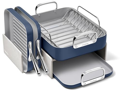 Caraway Square Cookware Set - Non-Toxic Ceramic Coated Pan Set - Non Stick, PTFE & PFOA Free - Navy - Square Griddle, Grill, Double Burner, Roasting Pan & Rack