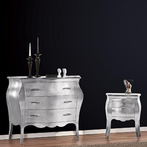 GRUPPO COMO' E 2 COMODINI BOMBATI IN LEGNO SHABBY CHIC FOGLIA ARGENTO MANIGLIE DIAMANTINI (L 116 P 45 H 85)