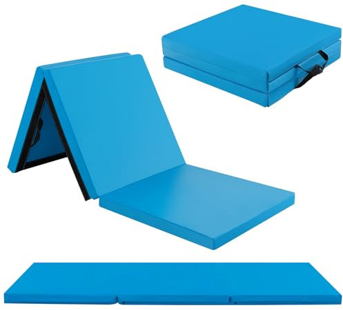 GOPLUS Weichbodenmatte, 180 x 60 x 5 cm Yogamatte rutschfest mit Klettverschlüssen & Tragegriffen, Gymnastikmatte klappbar aus Kunstleder, Turnmatte zum Trainieren von Gymnastik & Yoga (Seeblau)