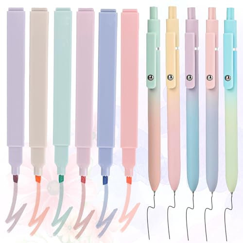 MININUSI 11 Stück Gelschreiber Schwarz Set,6 x Highlighter Pen,Pastell Textmarker Set,Pastel Marker,Kugelschreiber,Tintenstifte, gelstifte,Aesthetic Textmarker,Schreibstifte für Büros/Schulen
