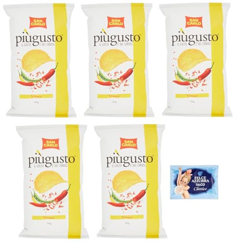 Confezione da 5 San Carlo Patatine Più Gusto Vivace, Chips al gusto di Paprika, busta da 150g + 1 Confezione di Talco Felce Azzurra in omaggio, Busta da 100g