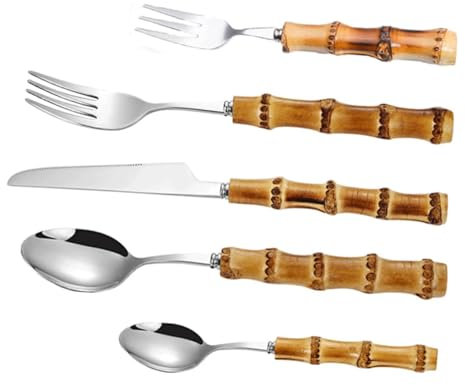 Rieort Juego de Cubiertos de 5 uds., Cuchillo, Tenedor, Cuchara, Cubiertos de Acero Inoxidable, Tenedores de Cena pulidos con Espejo, Juego de Cubiertos con Mango de bambú
