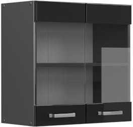 Vicco Küchenglasschrank R-Line, Glashängeschrank, Schwarz Hochglanz, 60 cm