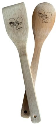 Lot de Grande Cuillère et Spatule en Bois Gravé - Mamie Cuisine Toujours avec Son Cœur - Cadeau Original pour Mamie - Ustensiles de Cuisine en Bois Naturel