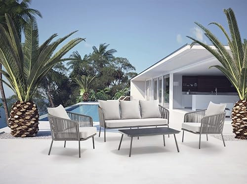 ECASA Weave Rope Style Garden Lounge Sofa Set Grey 5 Seater With Coffee Table & Light Grey Cushions, 5060658797511