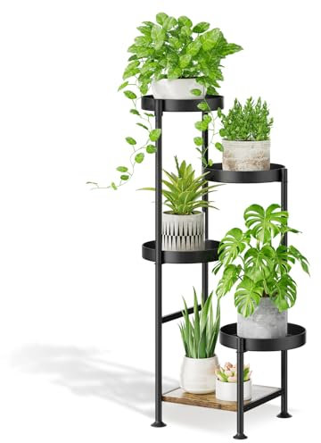 KAZITOO 5 Tier Metal Plant Stand Pot Stand Indoor Outdoor, Corner Plant Holder Flower Shelf for Multiple Plants, Modern Plant Display Rack with Wooden Plate for Garden Patio Living Room(Black)